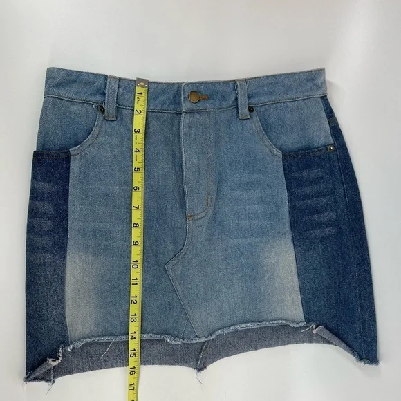 Wild Honey Two Tone Step Hem Denim Mini Skirt Raw Hem Blue Jean Size M Medium - Picture 9 of 9